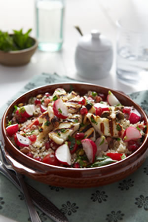 Lowri Turner Radish and quinoa tabouleh with pistachios and grilled herbed halloumi